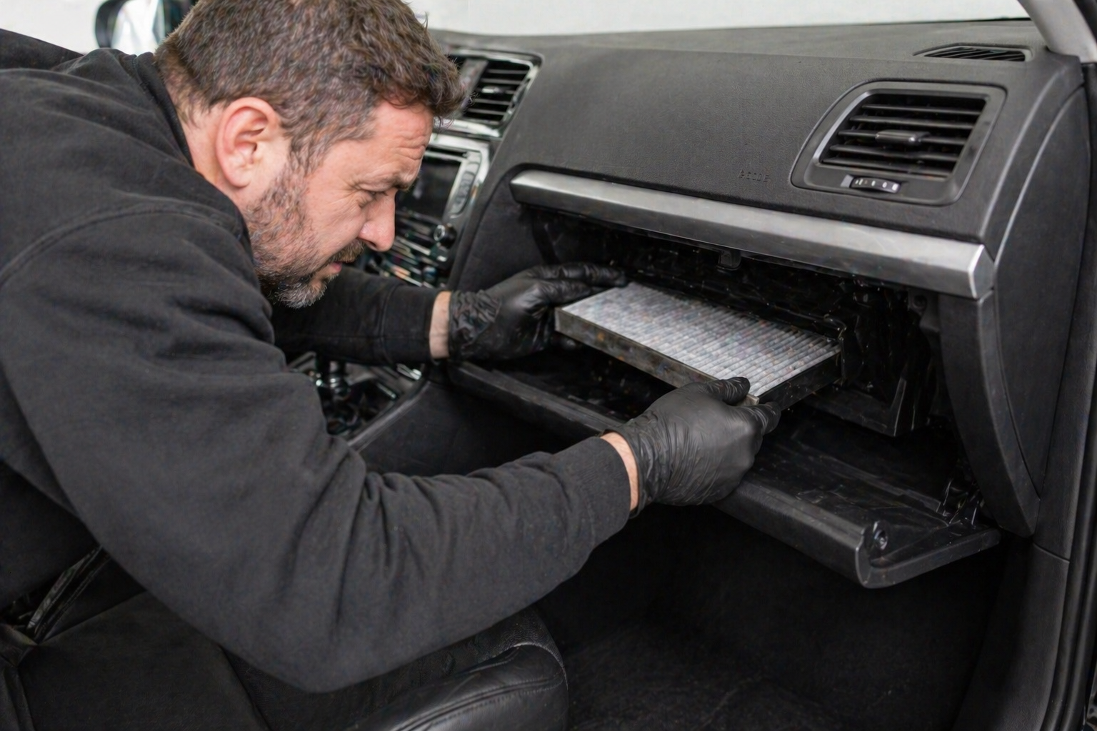 Mécanicien qui remplace le filtre habitacle d'une voiture Mécanicien qui remplace le filtre habitacle d'une voiture
