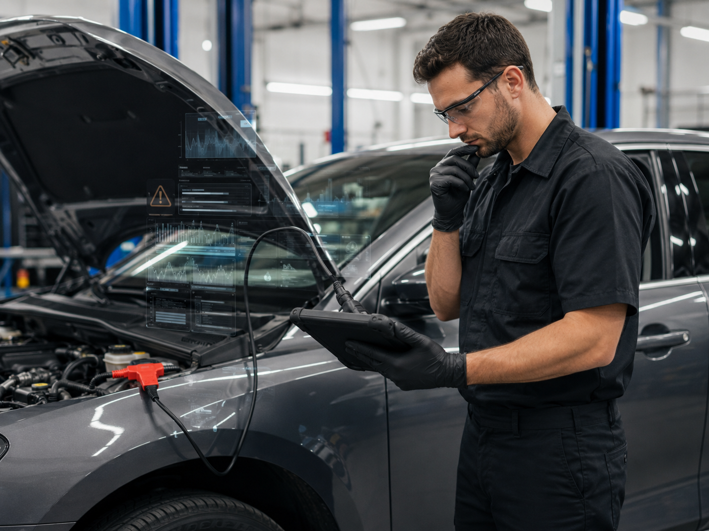 M&eacute;canicien recherchant une panne automobile apr&egrave;s un diagnostic &eacute;lectronique &agrave; la valise